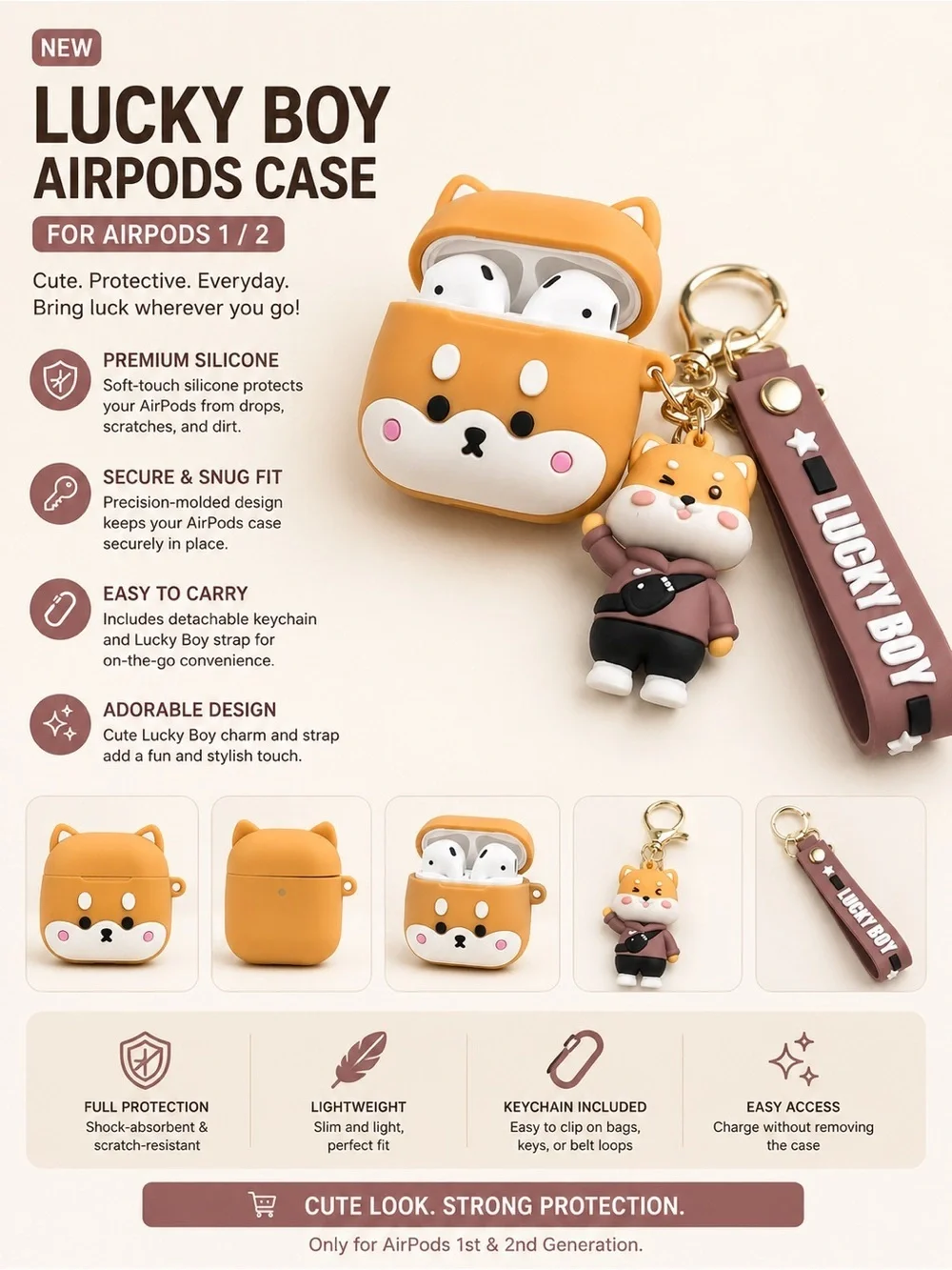 Lucky Brand Orange Lucky Boy Silicone AirPods 1&2 Case with Keychain Strap